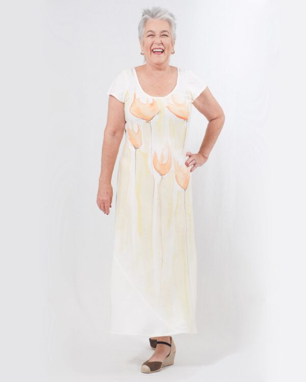 vestido godê longo aquarela jardim Linho